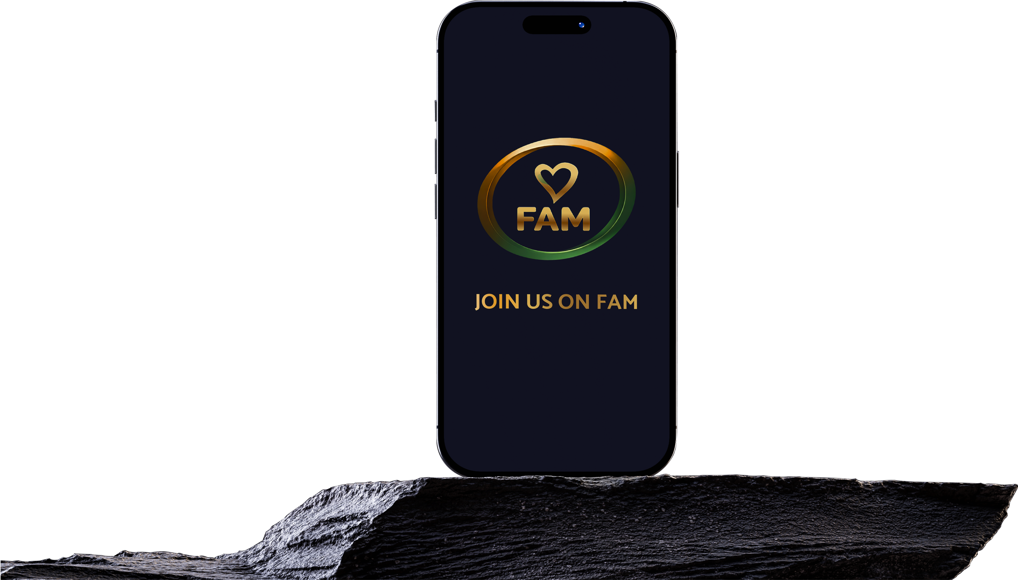 Smartphone displaying FAM app logo with "Join Us on FAM" call-to-action on dark screen.