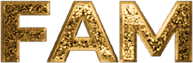 Text-based FAM logo in embossed gold texture, representing strength, value, and clarity.